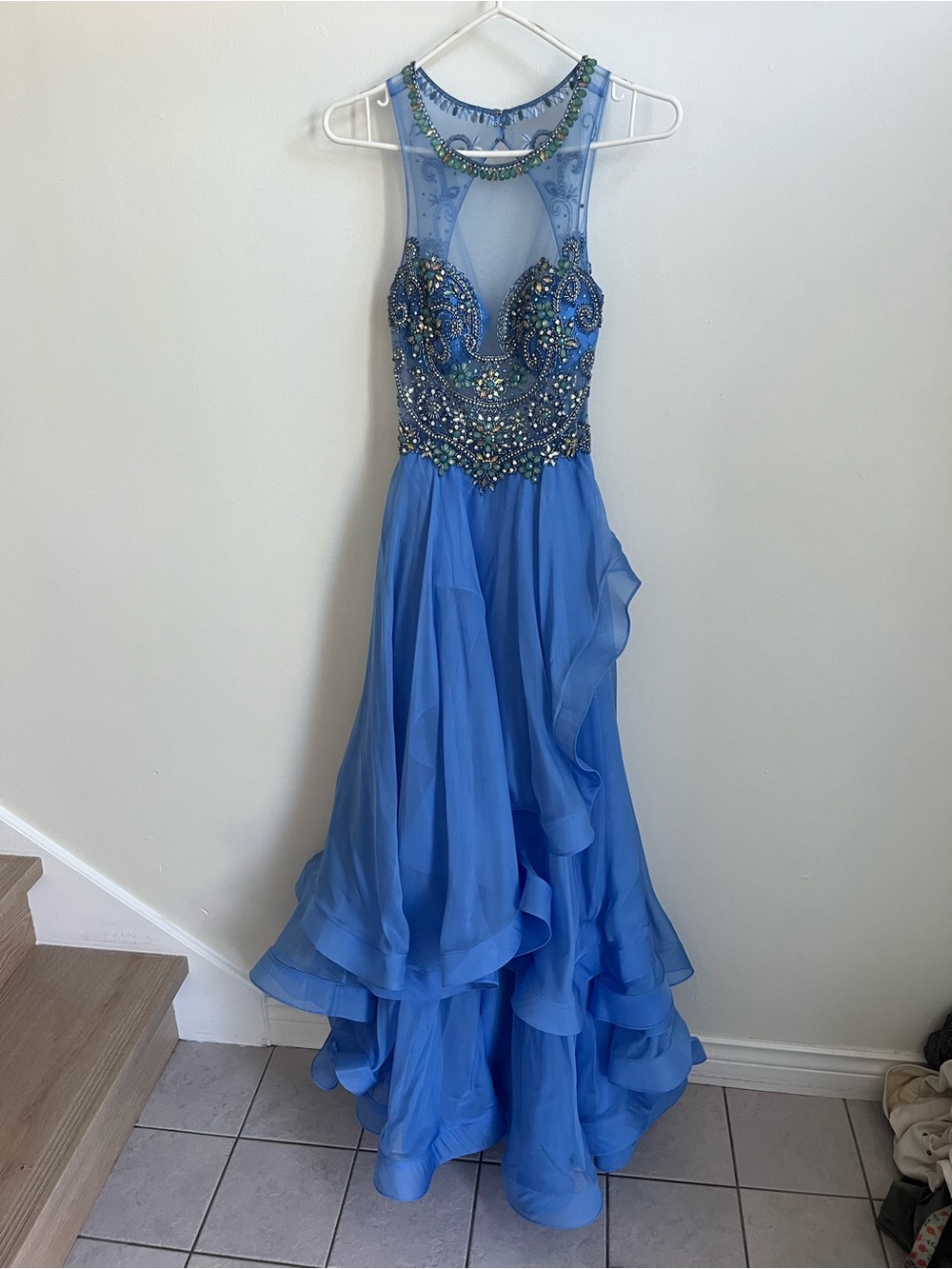 Blue Beaded Halter Prom Dress